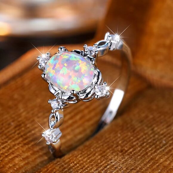 NEW 14k White Gold White Fire Opal Diamond Ring Band - Picture 4 of 6